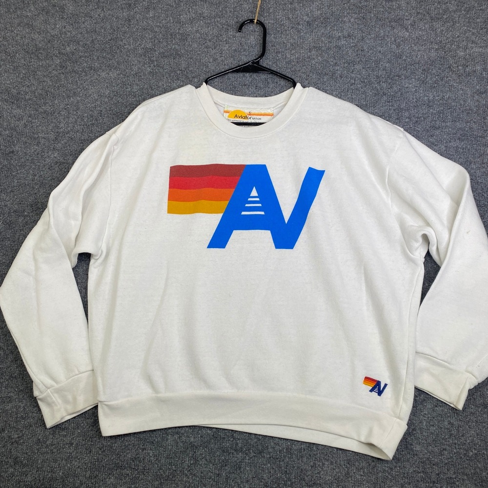 Aviator Nation White AV Logo Rainbow Stripe Crewneck Sweatshirt Size Small USA
